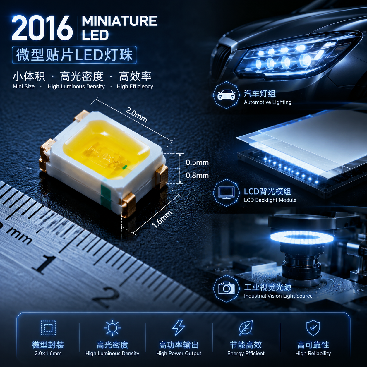 微型2016型号灯珠及其在汽车照明、LCD背光和工业视觉中的应用，展示其2.0mm x 1.6mm的紧凑尺寸与高功率输出能力