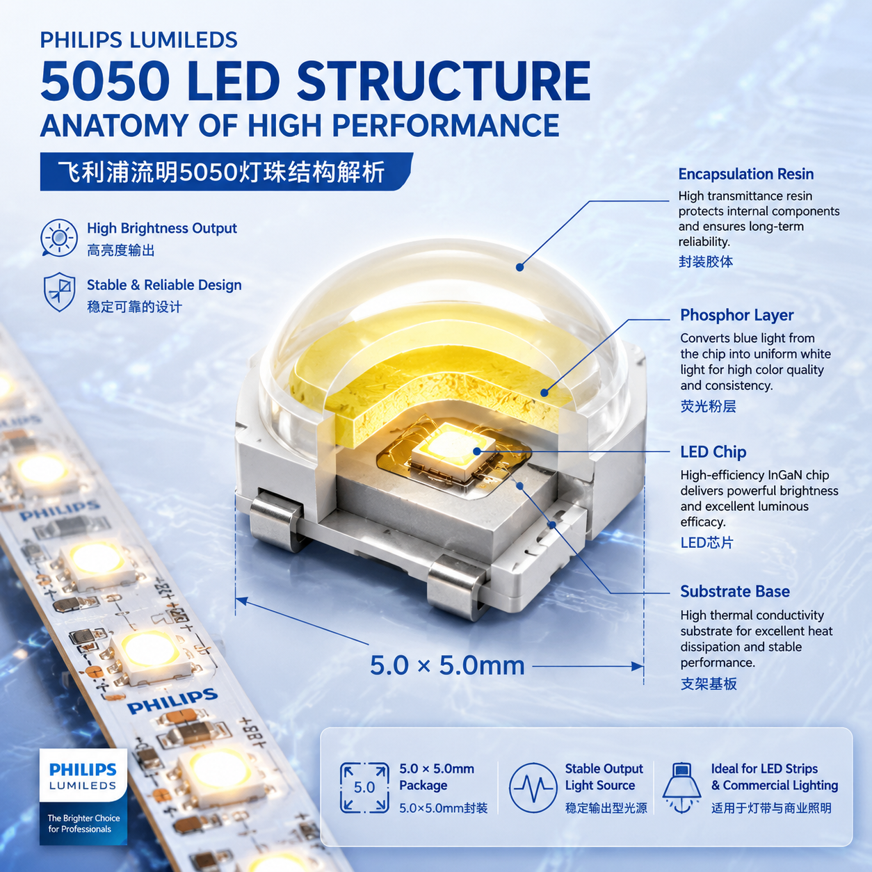 5050灯珠结构剖面解析与灯带应用示意图