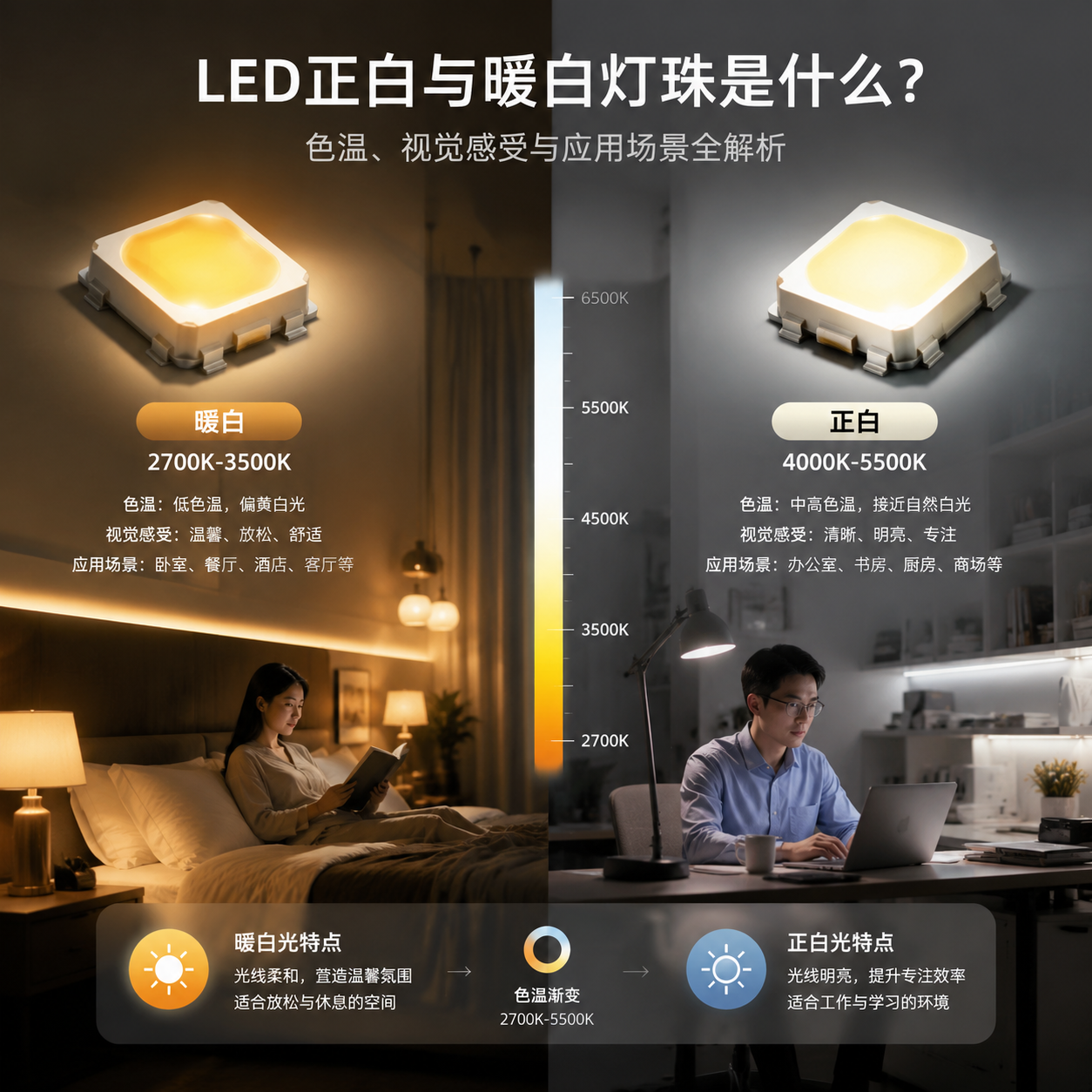 LED正白与暖白灯珠色温差异与应用场景对比示意图，左侧暖白光营造温馨放松氛围，右侧正白光提供明亮高效环境