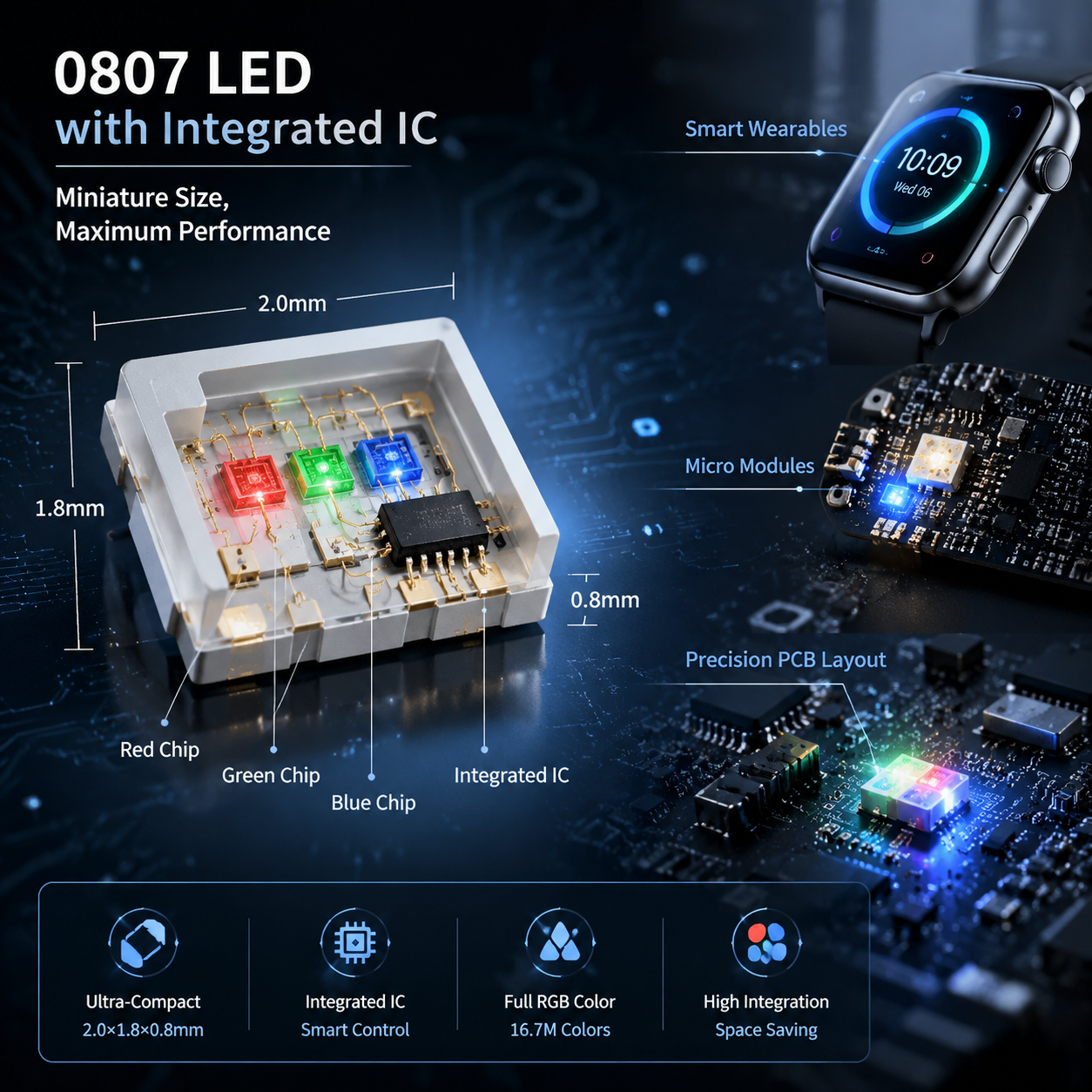 微型0807灯珠在智能硬件中的应用与核心价值，展示其2.0x1.8x0.8mm尺寸、内置IC及智能穿戴等应用场景。