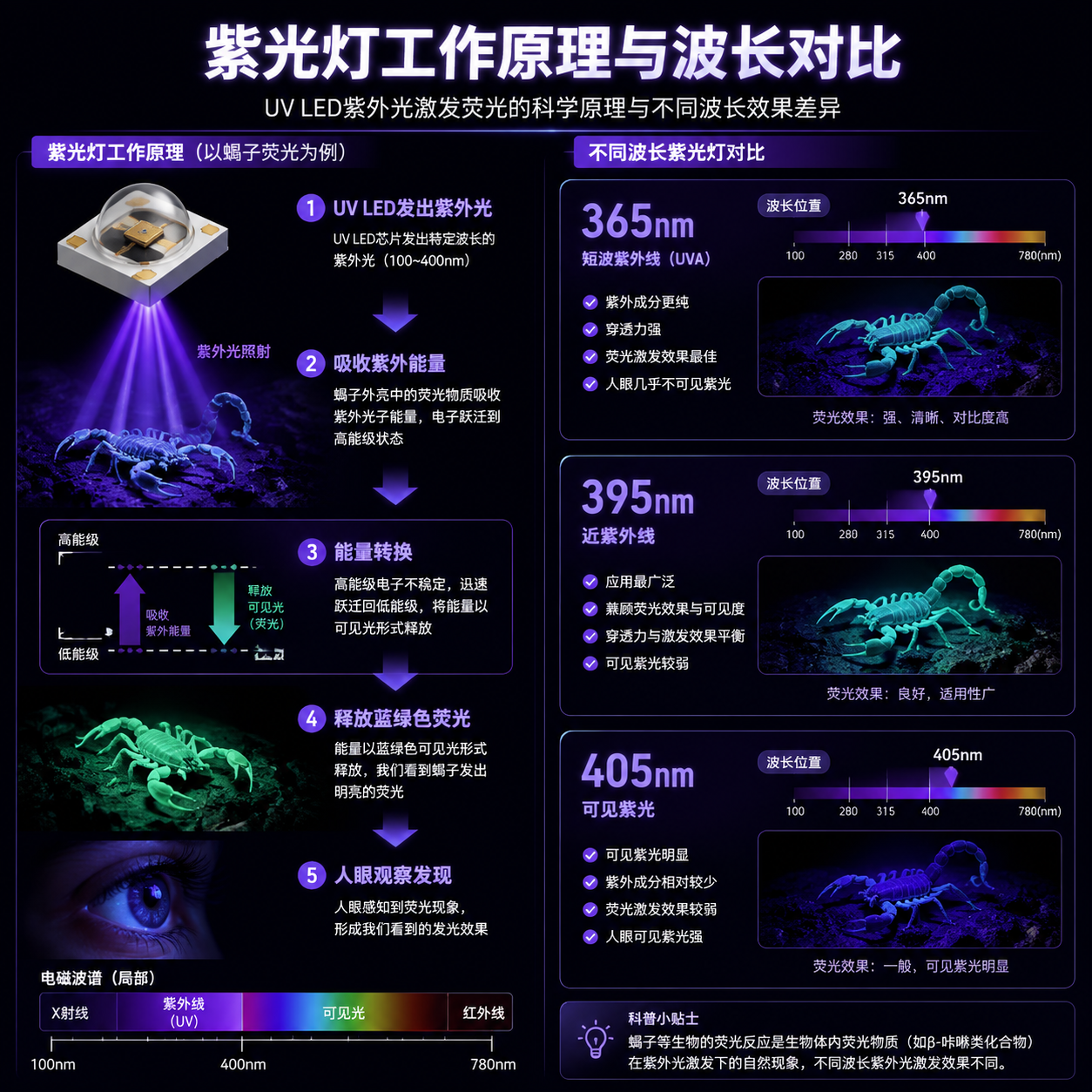紫光灯工作原理示意图，展示紫外光激发蝎子荧光过程及不同波长特点。