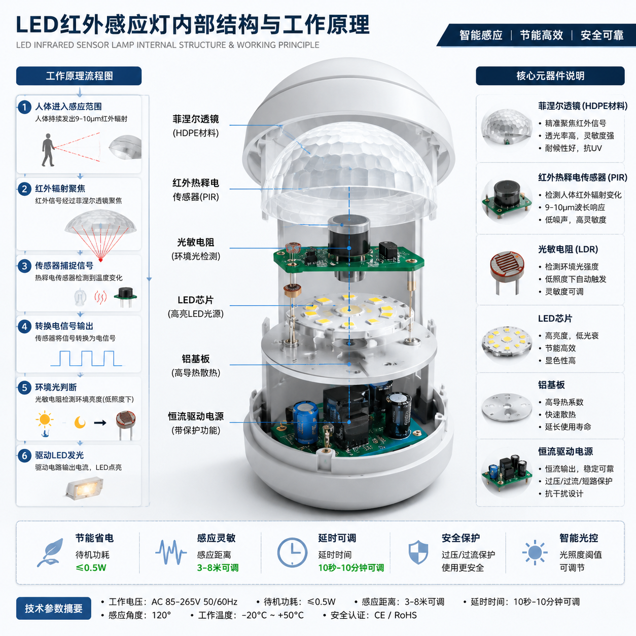 led红外感应灯工作原理、选型指标与高频应用指南