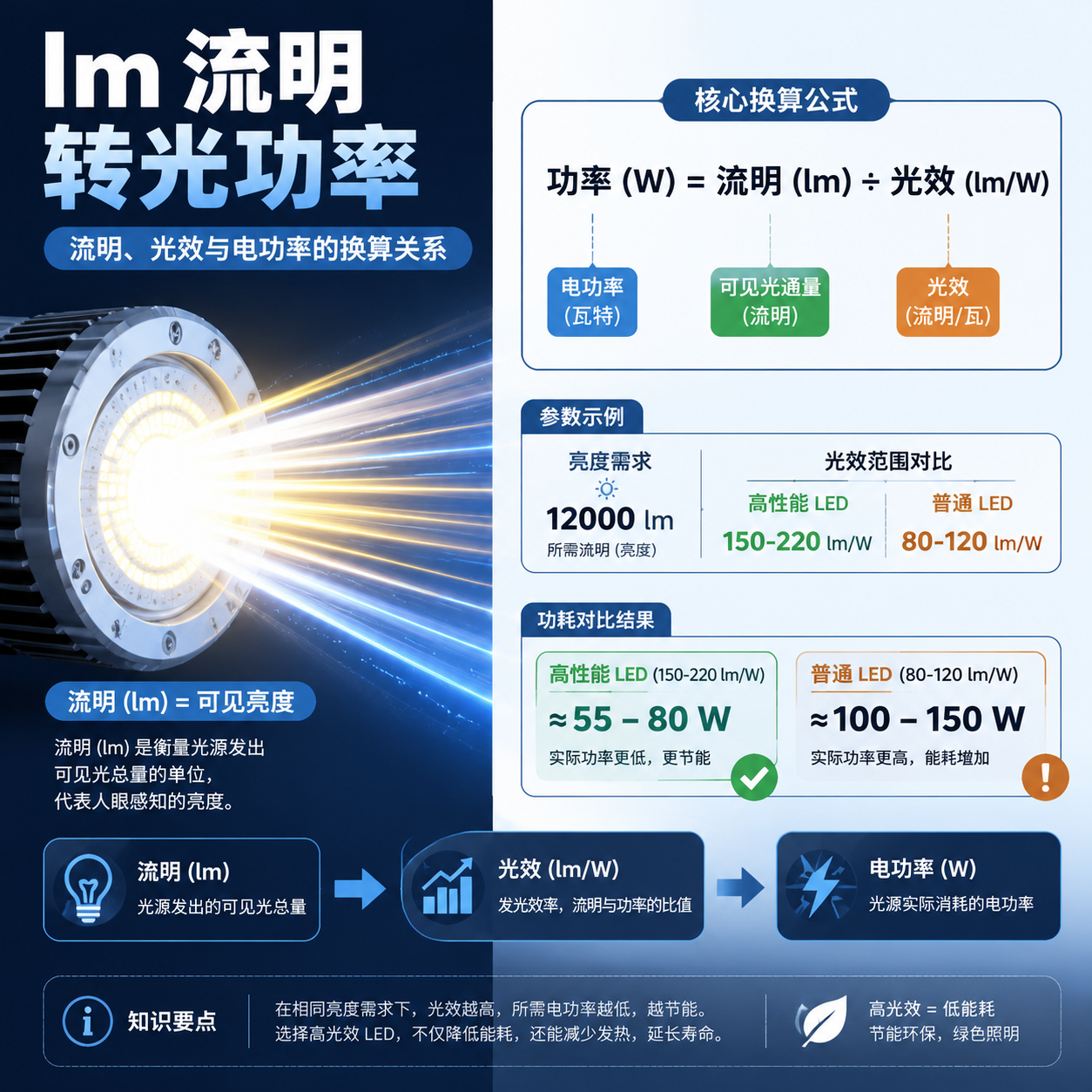 流明转光功率核心换算关系图,展示流明、功率与光效的计算公式及不同LED光效示例