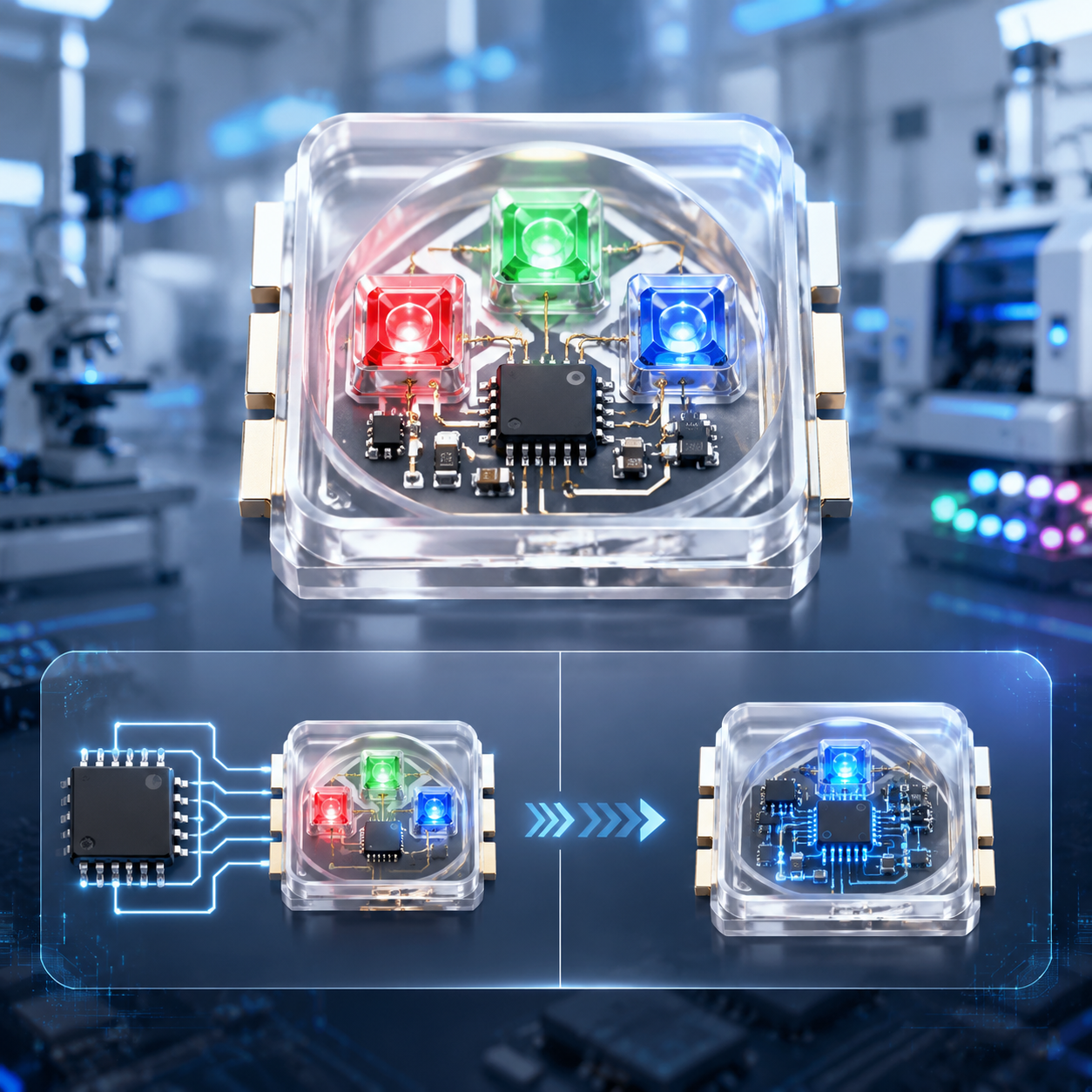 RGB灯珠与控制器合封的概念图,展示了灯珠内部集成的RGB芯片、控制IC和驱动电路,以及与传统RGB灯珠的区别