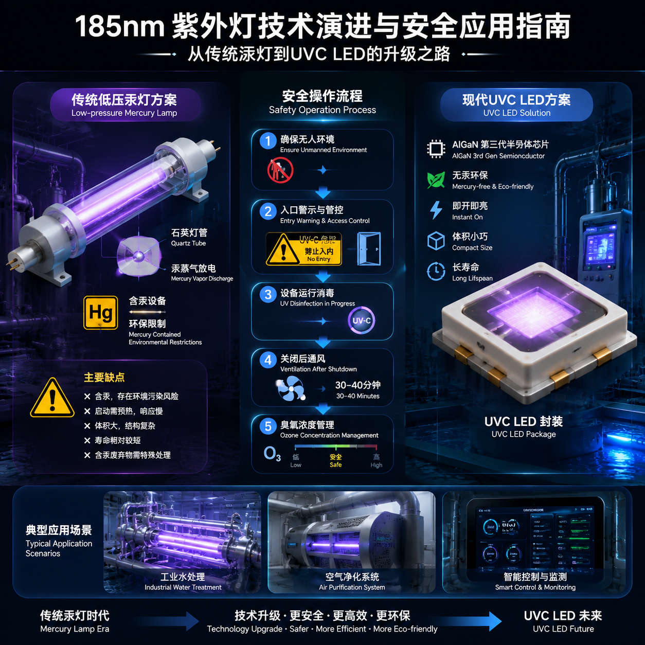 传统汞灯与UVC LED技术演进及185nm紫外灯安全操作示意图
