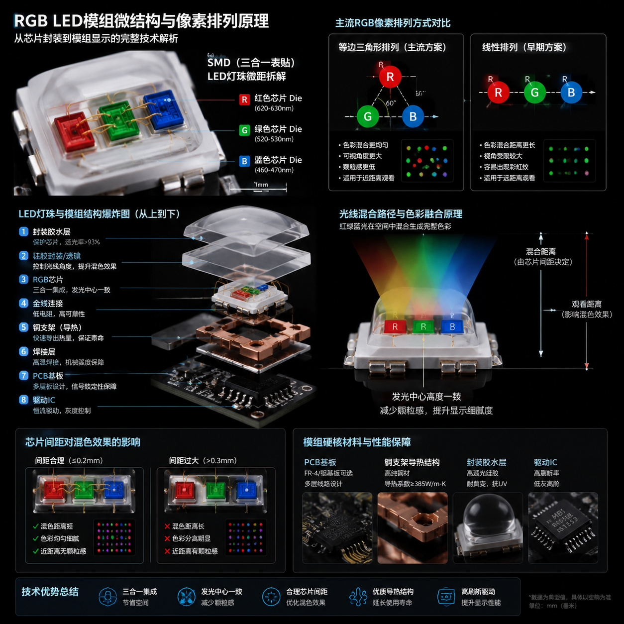 LED模组内部结构与RGB芯片排列原理图:SMD灯珠微距剖面、芯片间距与混色、散热与封装