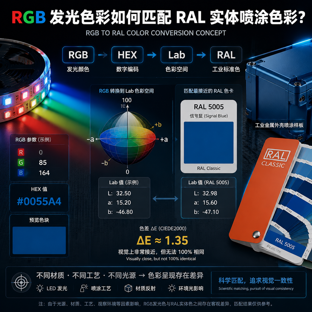 一张科技工业风插画，展示RGB LED发光色彩与RAL实体喷涂色彩的匹配概念，通过Lab色彩空间转换，并指出色差ΔE的存在。