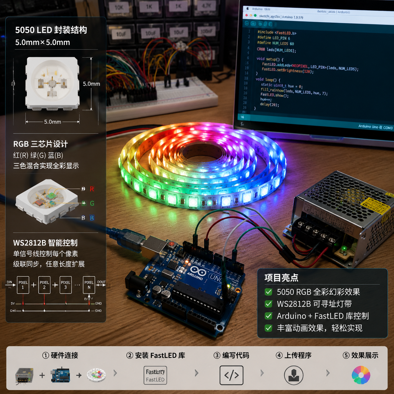 Arduino控制WS2812B 5050幻彩灯带项目全貌,展示硬件接线、5050 LED结构与FastLED编程界面