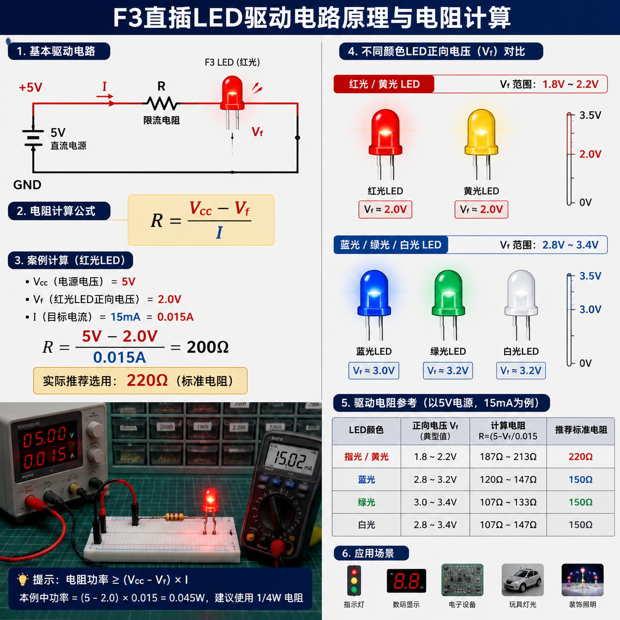 F3直插LED限流电阻计算电路图与不同颜色LED正向电压对比,演示电流控制与电阻选型