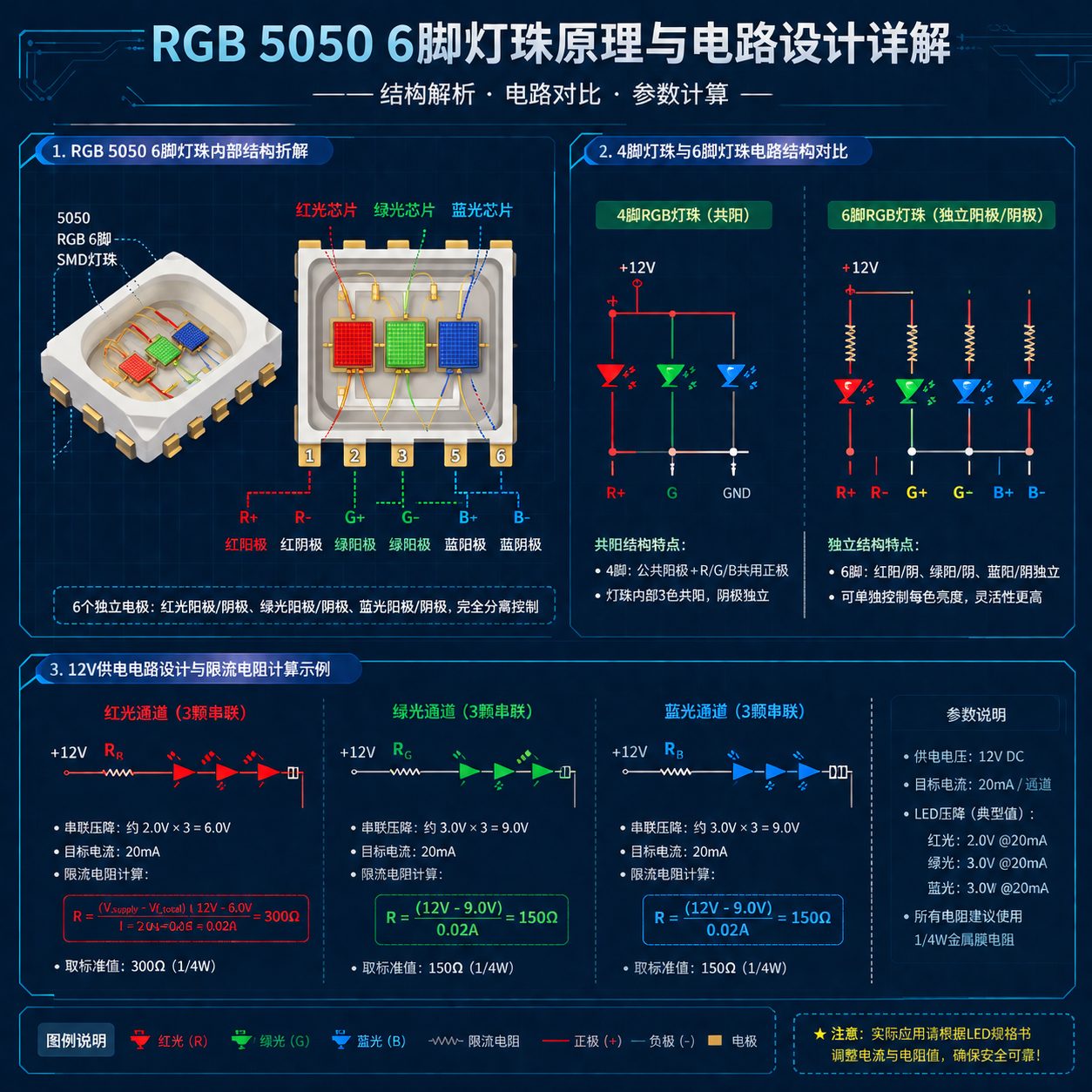 RGB 5050 6脚灯珠内部结构、与4脚灯珠的引脚对比及12V供电下限流电阻计算示例图解。