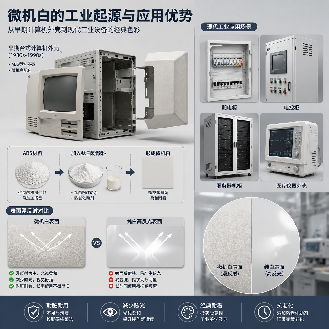 微机白的工业起源与应用示意图，展示ABS塑料加入颜料形成微机白的过程，以及其在计算机外壳、配电箱、医疗设备等工业产品中的广泛应用与漫反射优势。