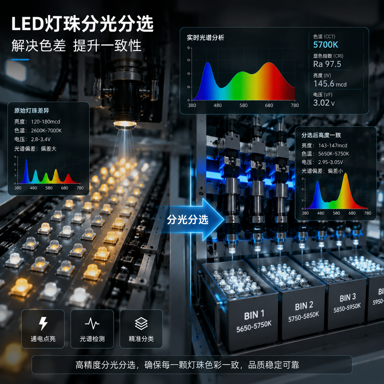 LED灯珠产线分光分选原理示意图，展示分选前灯珠颜色不均与分选后高度一致的效果