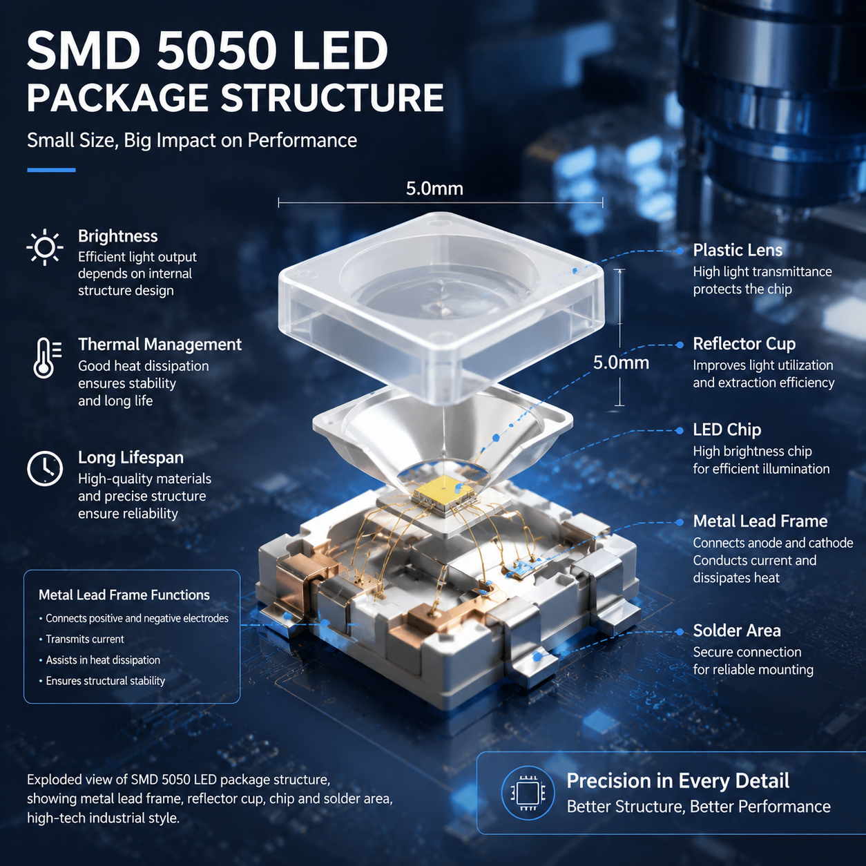 SMD 5050 LED灯珠内部结构剖面示意图，展示金属引线框架、反射杯、芯片和焊接区域