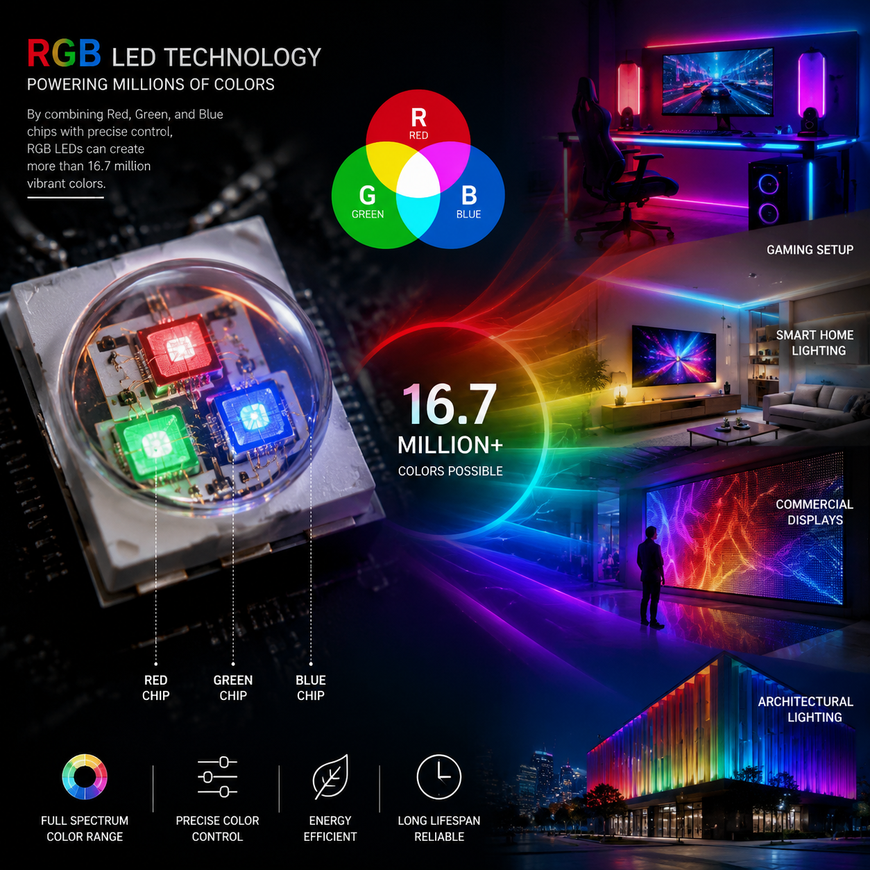 RGB灯技术概述与应用场景，展示红绿蓝三原色混光原理及电竞、智能家居、商业美陈、户外亮化等多元化应用。