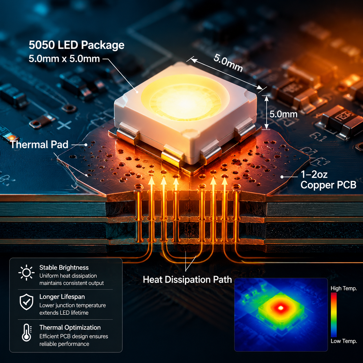 工业级微距视角下的5050 LED灯珠PCB特写,展示焊盘结构、5.0mm×5.0mm封装尺寸、铜箔导热路径与热过孔散热结构