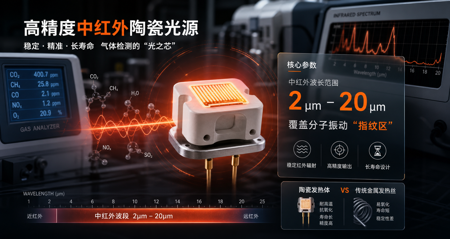 中红外陶瓷光源实物及其核心参数与气体检测应用概览
