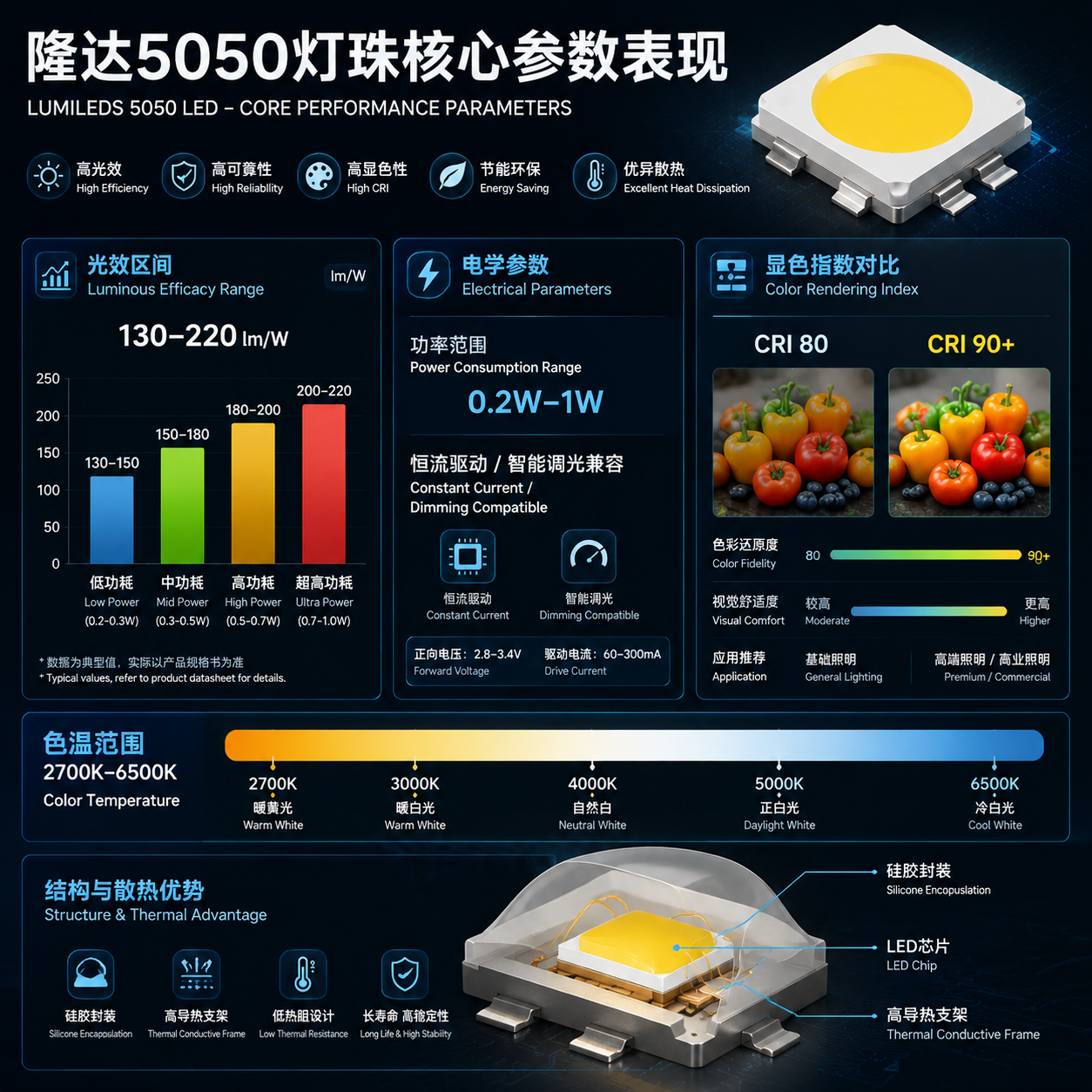 隆达5050灯珠核心参数可视化:光效、电功率、显色指数与色温范围