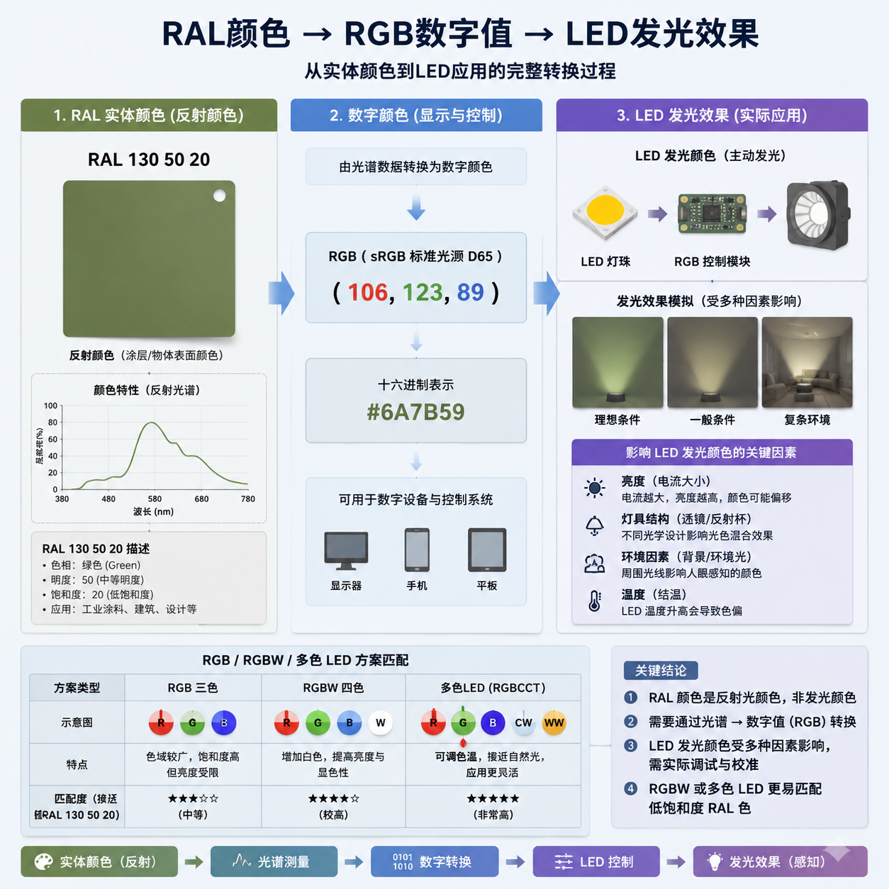 RAL颜色到RGB数字颜色再到LED发光颜色的转换流程示意图，解释颜色体系差异