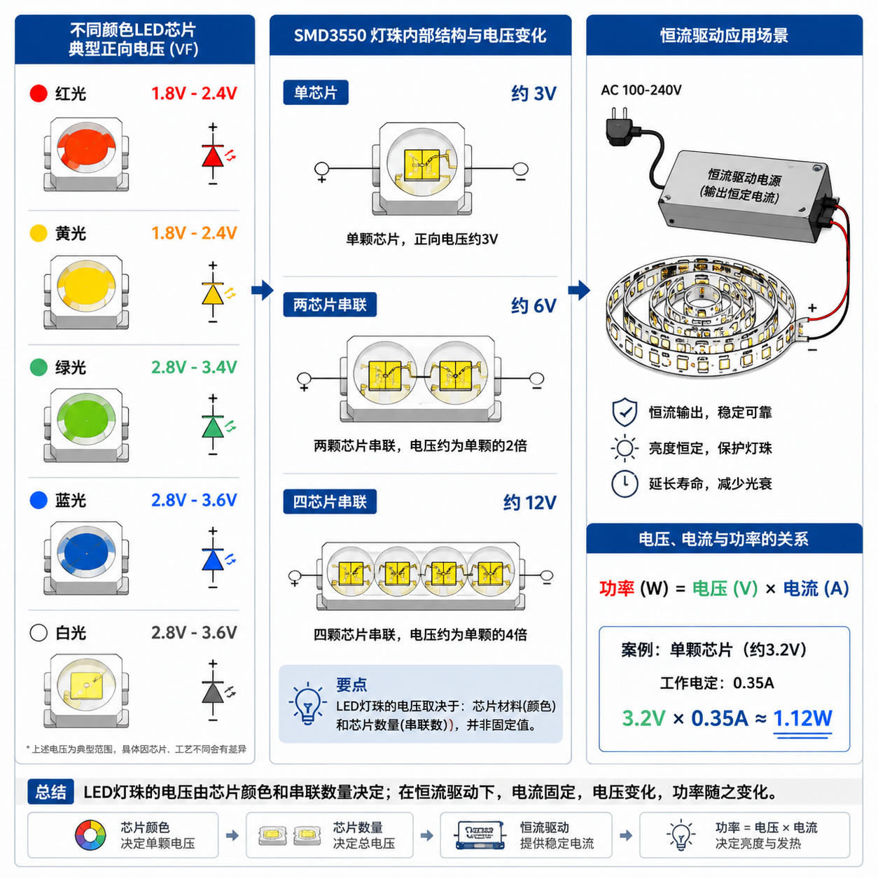 SMD3550灯珠电压影响因素与功率关系图，展示不同颜色、芯片数量的电压差异及功率计算公式