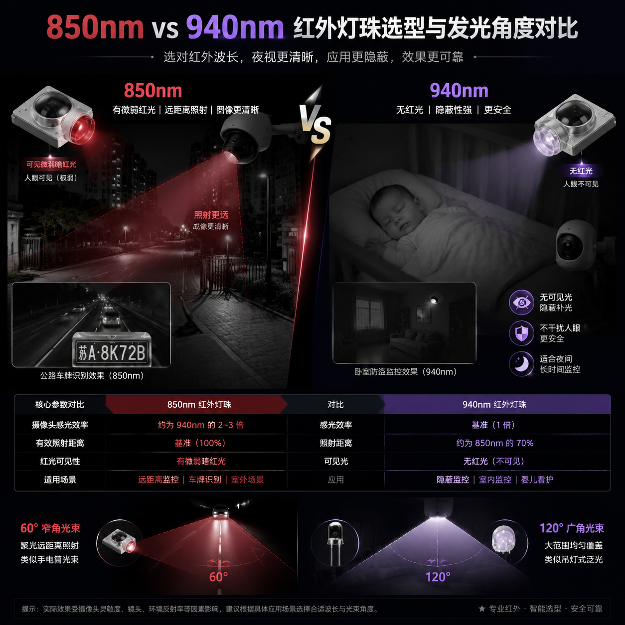 850nm与940nm红外灯珠参数对比图