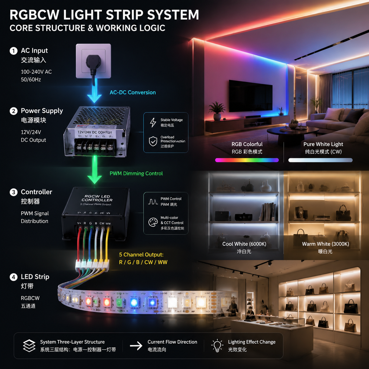 RGBCW灯带系统电源、控制器与灯带三层结构工作原理示意图及客厅应用效果
