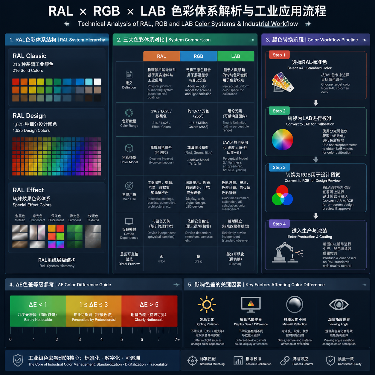 RAL RGB LAB色彩体系结构对比及工业转换流程信息图