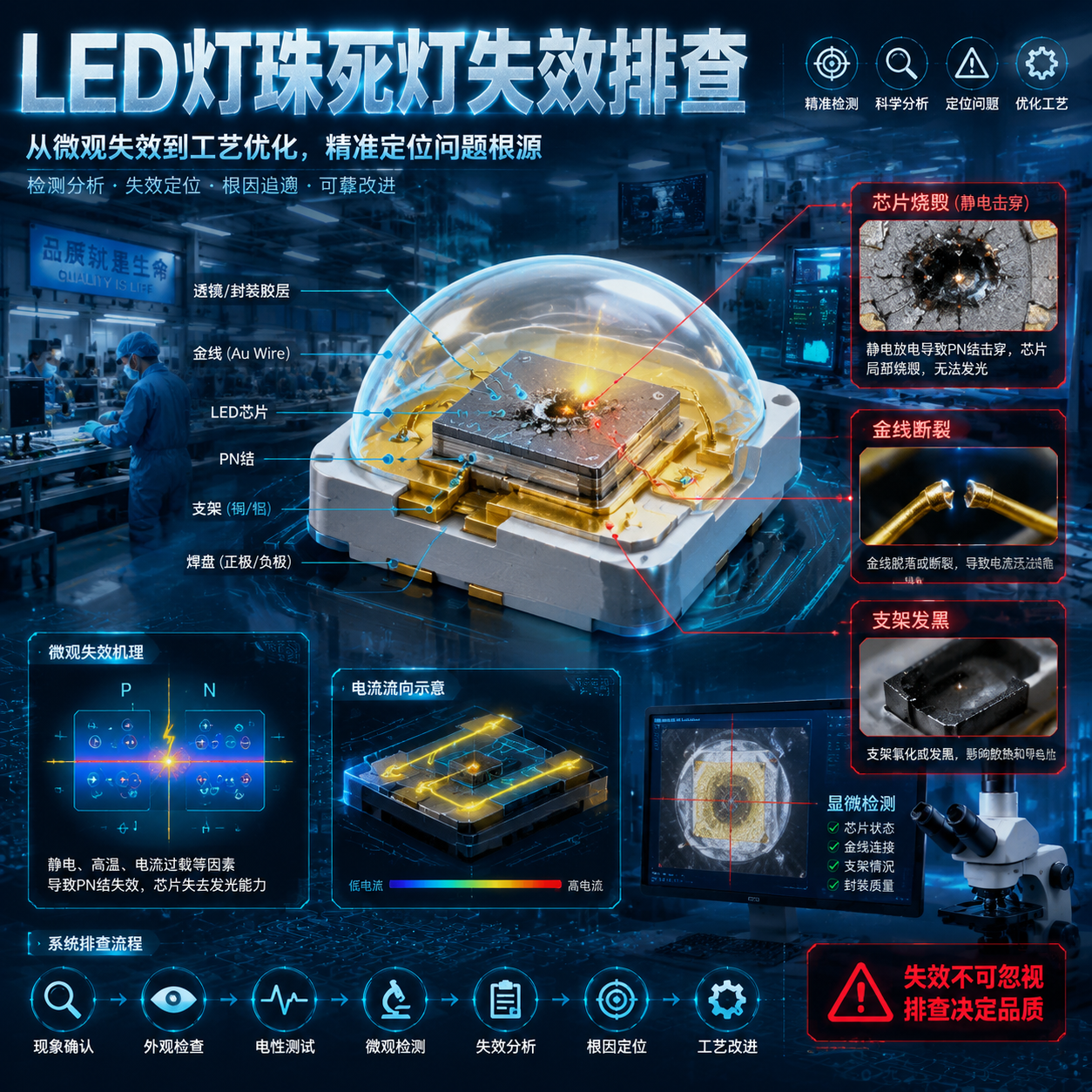LED灯珠死灯失效排查主题图:剖面结构展示芯片、金线、支架及静电击穿、金线断裂、支架发黑等失效区域