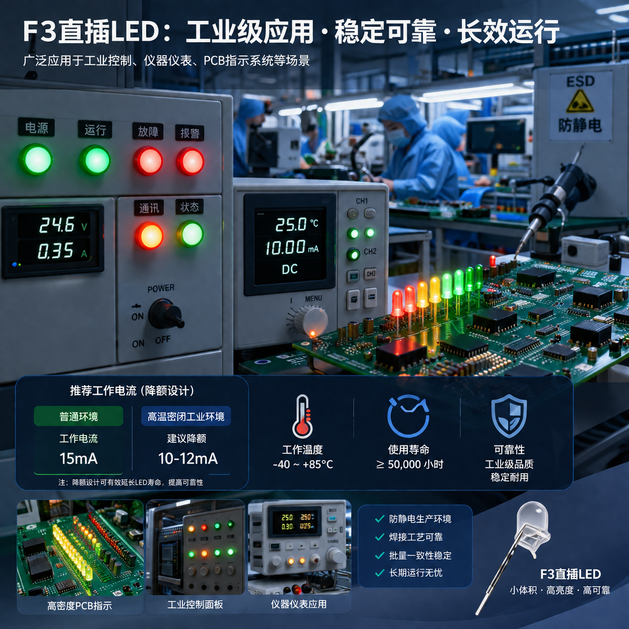 F3直插LED在工业控制面板中的应用实例及工业级降额设计(10-12mA)以延长寿命和提高可靠性