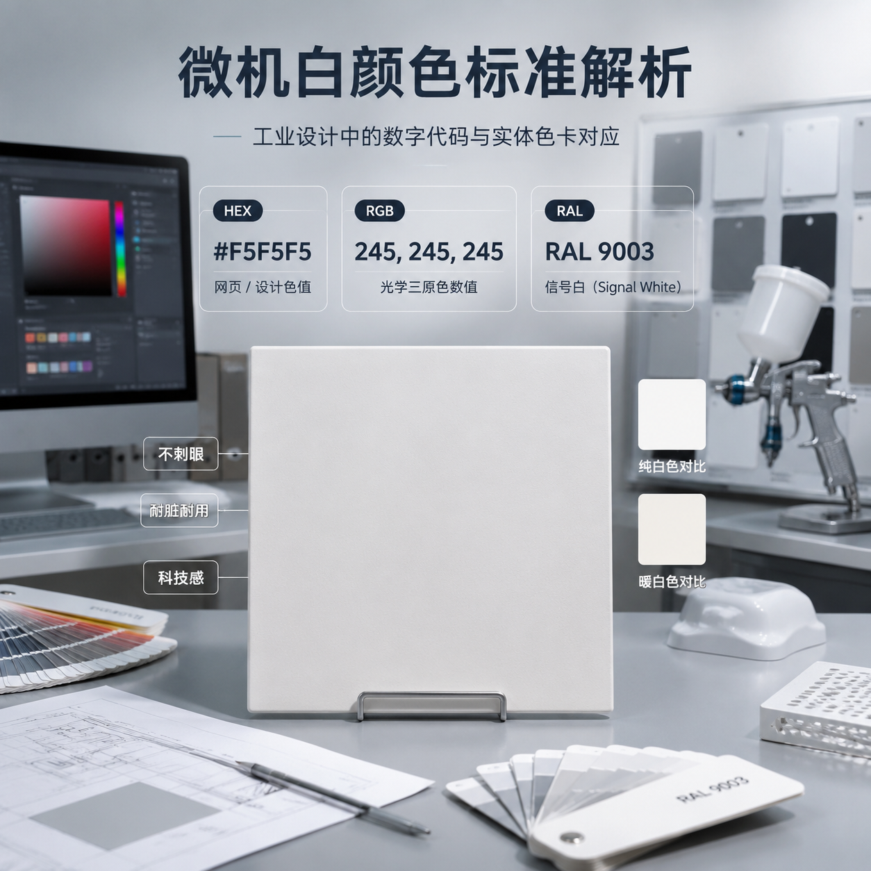 微机白颜色标准解析图，展示HEX、RGB、RAL 9003等参数在工业设计中的应用，体现数字代码与实体色卡的转换关系及微机白的科技感。