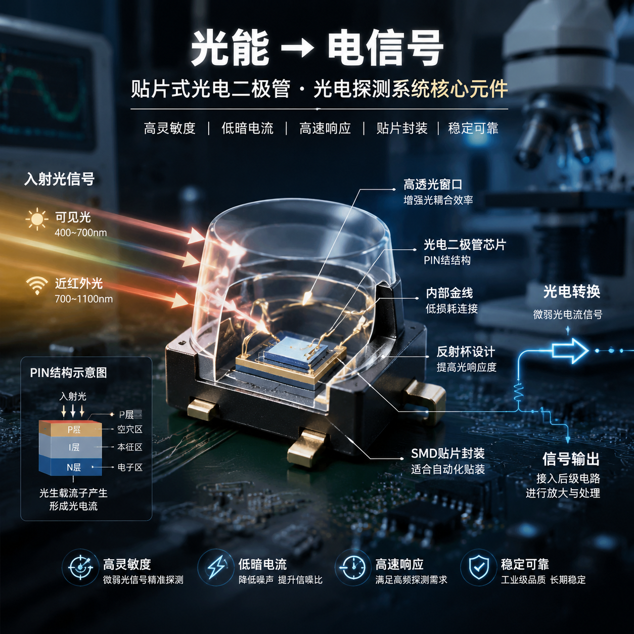 贴片式光电二极管结构与光电转换原理示意图