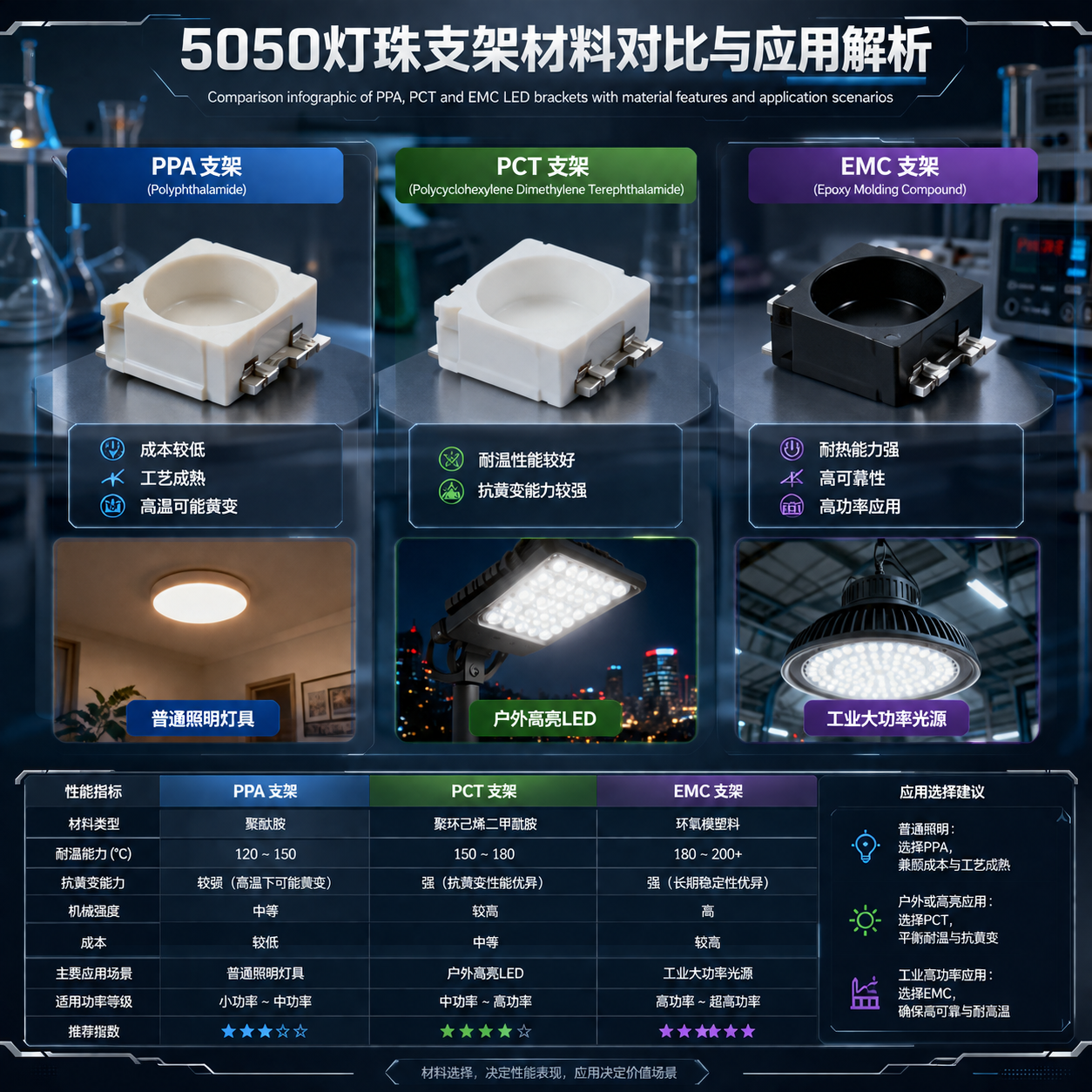 5050灯珠支架PPA、PCT和EMC材料对比图，展示其特点及应用场景