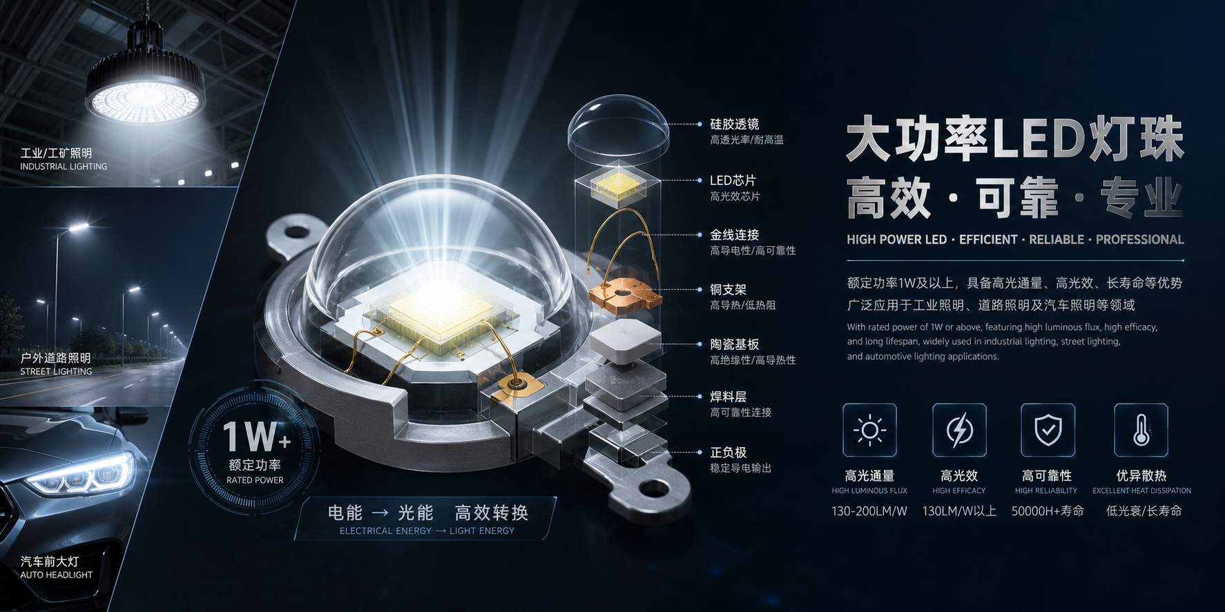大功率LED灯珠主题图,展示其剖面结构、电光转换过程及工业工矿灯、户外路灯、汽车大灯等主要应用场景。