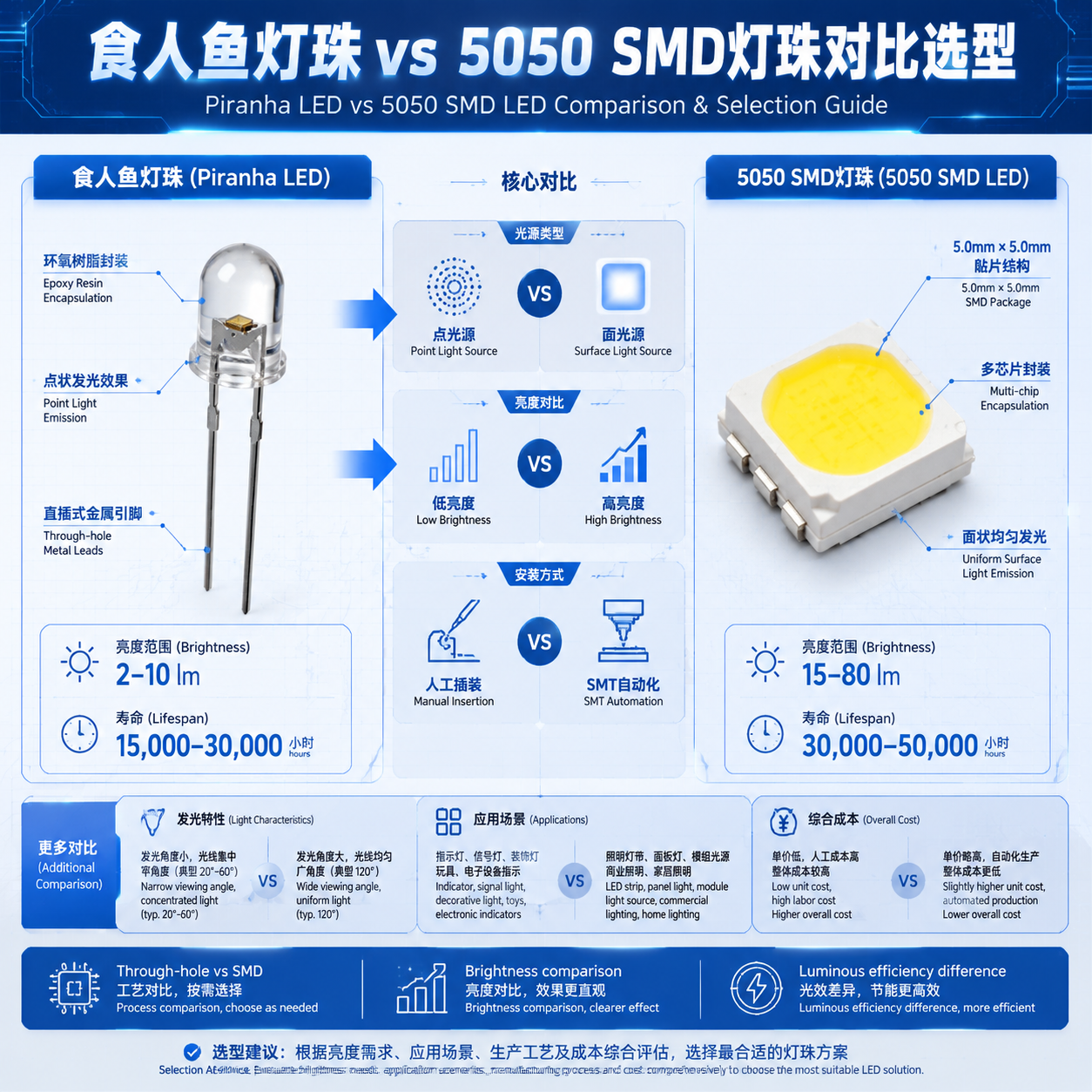 食人鱼灯珠与5050 SMD灯珠对比信息图（亮度、寿命与结构对比）