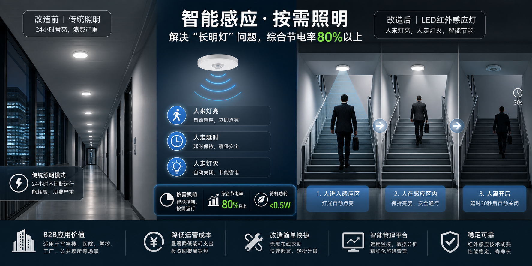 LED红外感应灯在公共楼道场景中的应用，对比传统照明，突出人来灯亮人走灯灭的智能节能效果。
