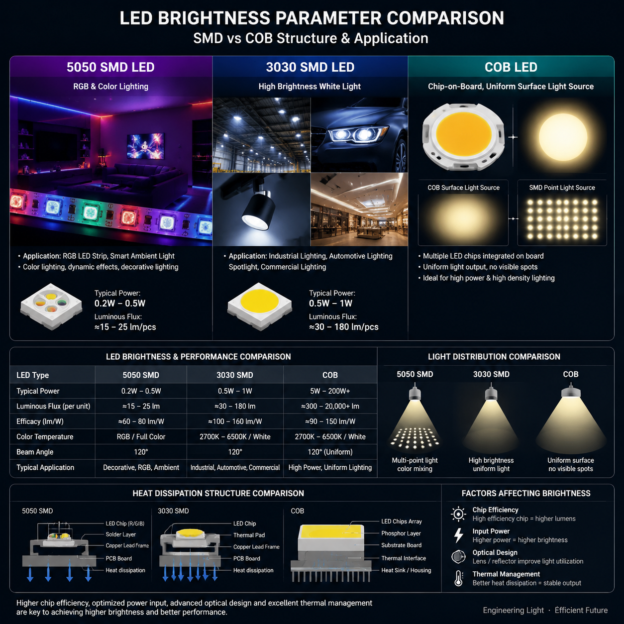 LED灯珠类型（5050、3030、COB）的亮度参数与典型应用场景对比