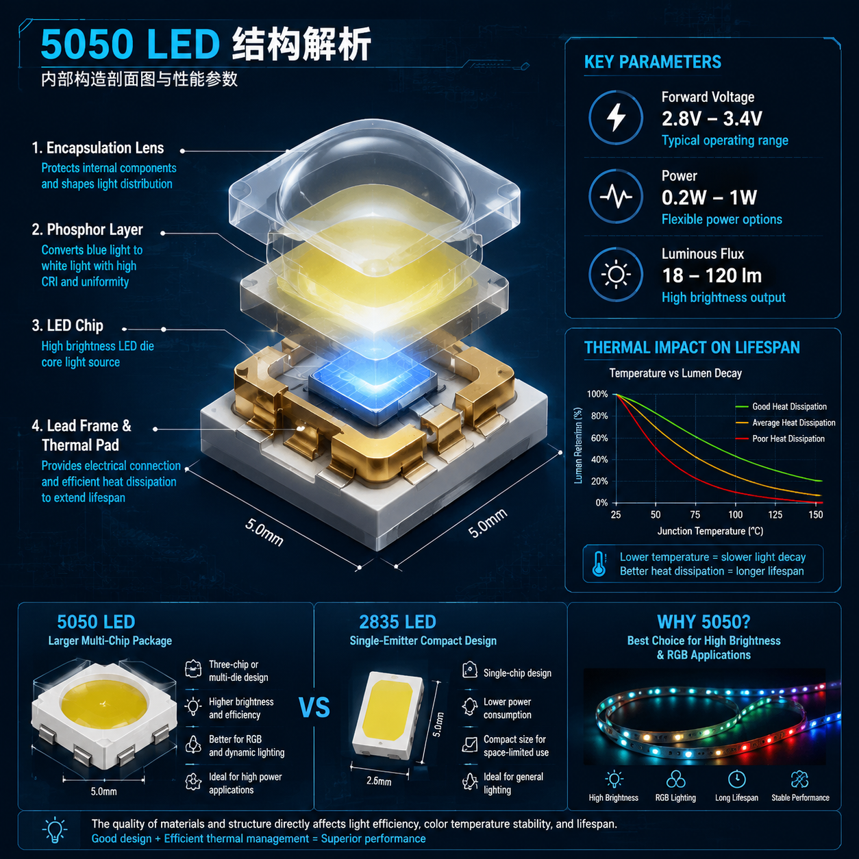 5050 LED灯珠内部结构剖面与性能影响解析
