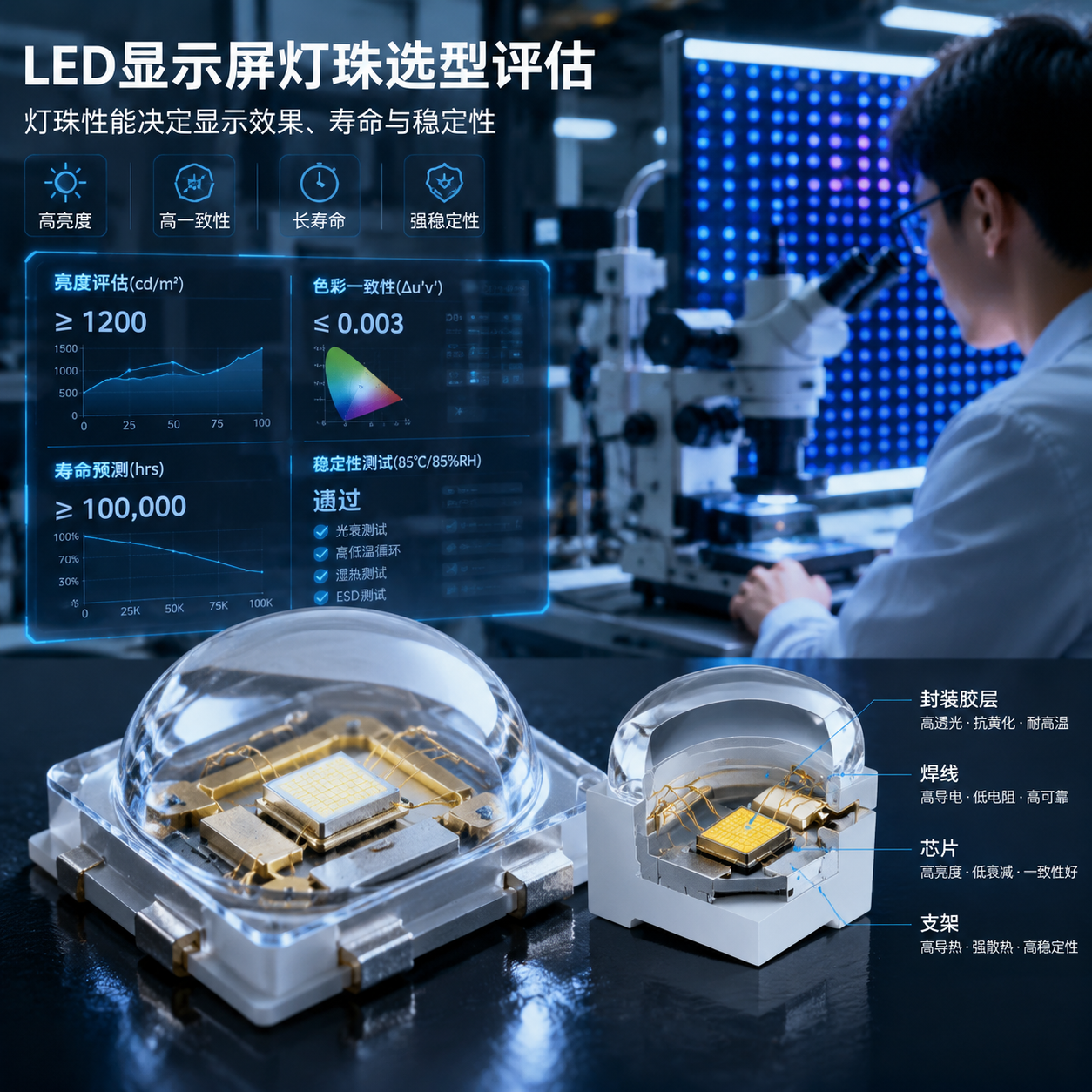 工程师在实验室评估LED显示屏灯珠性能，展示微观灯珠结构、芯片、支架与焊线，背景屏幕显示亮度、色彩一致性与寿命数据，突显灯珠对显示效果、寿命与稳定性的关键影响
