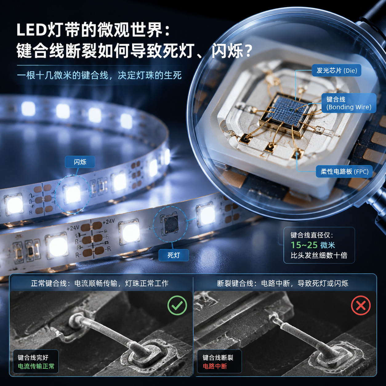 LED灯带内部键合线断裂导致局部死灯与闪烁的微观示意图