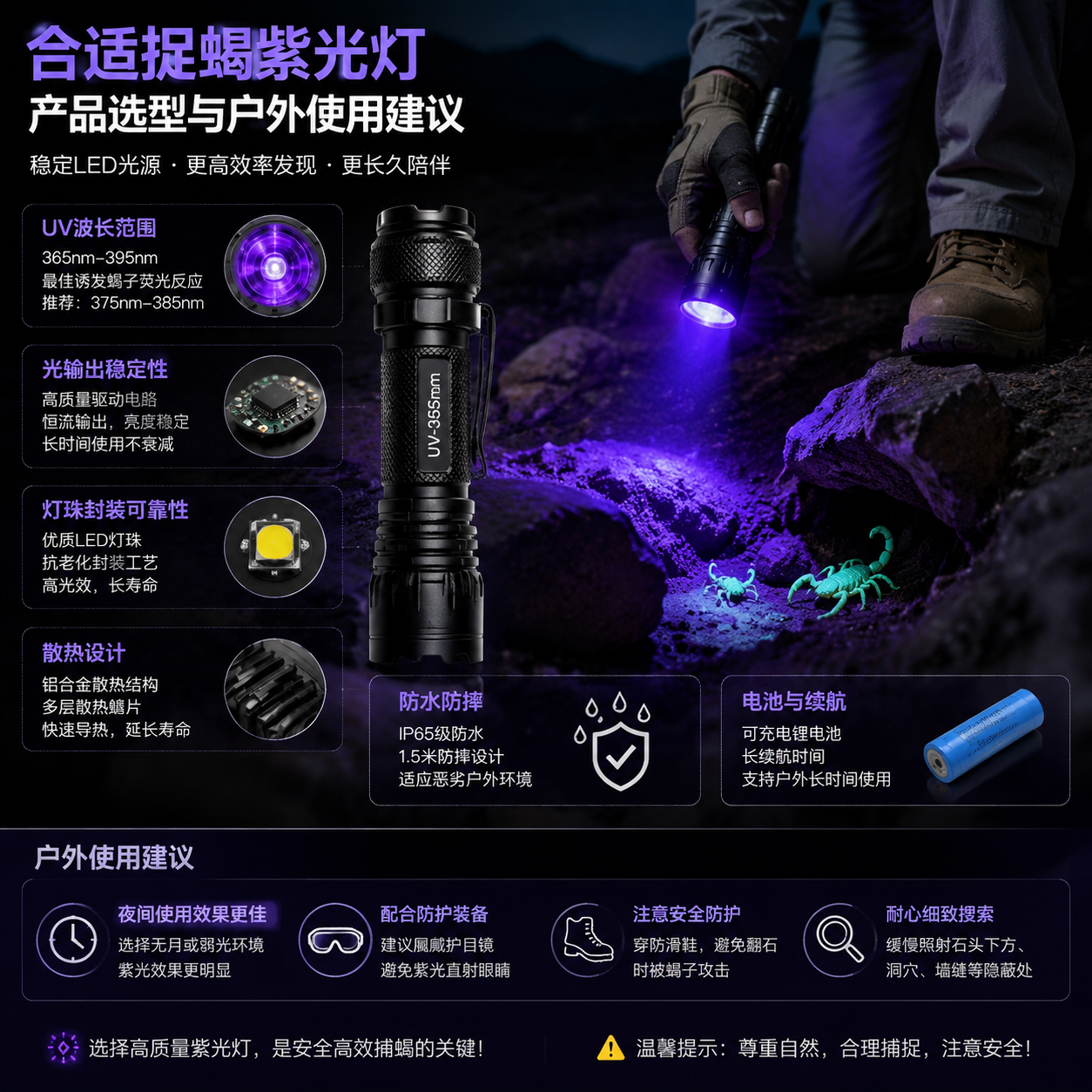 捉蝎紫光灯选型指南及户外使用场景，展示产品设计特点和LED光源重要性。
