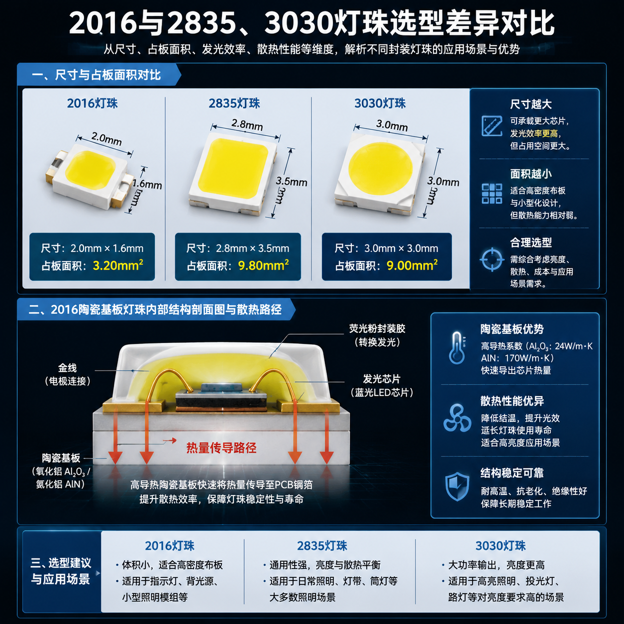 2016、2835与3030灯珠的尺寸与占板面积对比，以及陶瓷基板2016灯珠的内部结构与高导热散热路径示意图