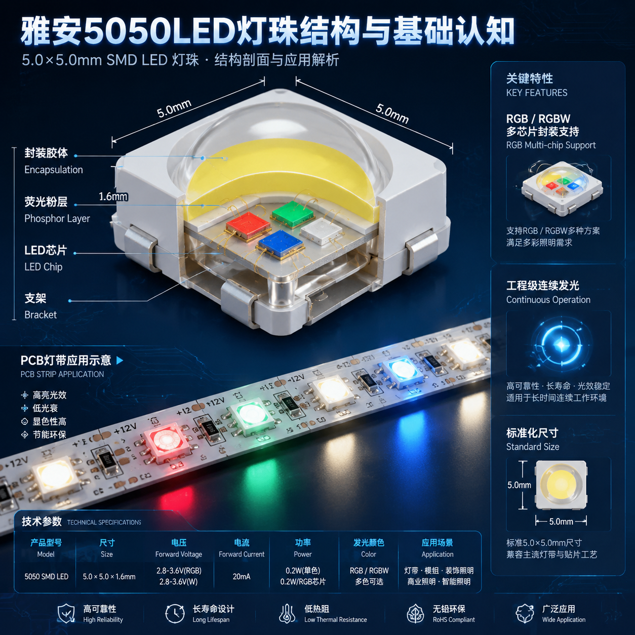 5050LED灯珠内部结构与灯带应用剖面示意图