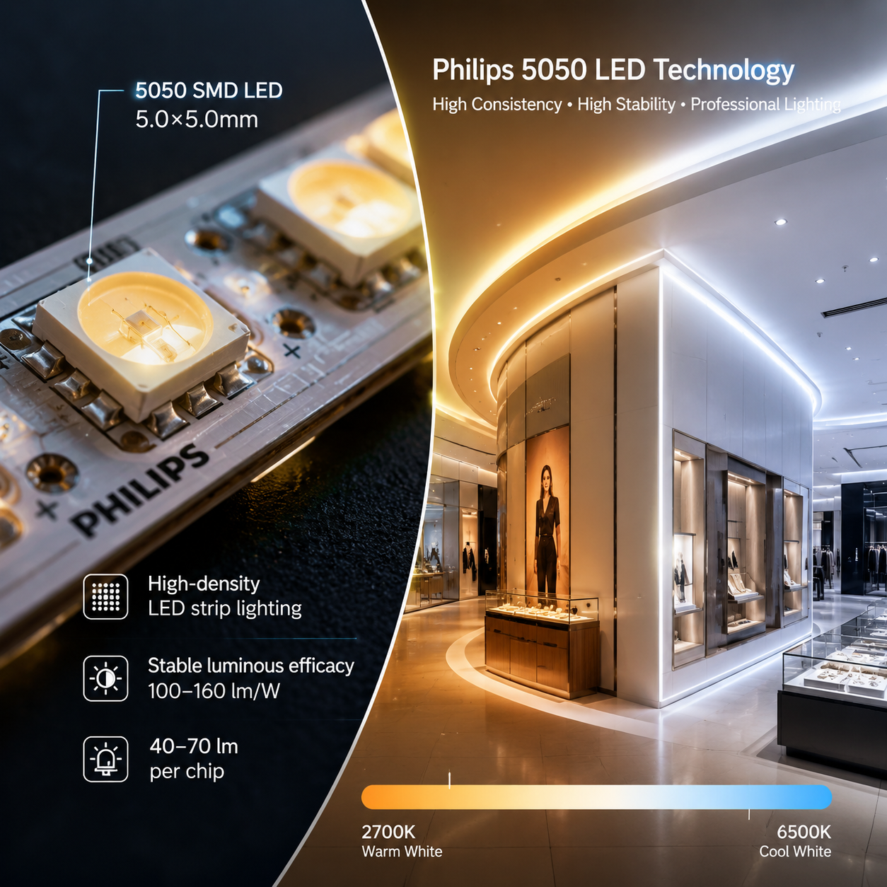 商业级LED灯带在商场与展厅空间中的宏观照明效果与5050灯珠微距结构对比展示