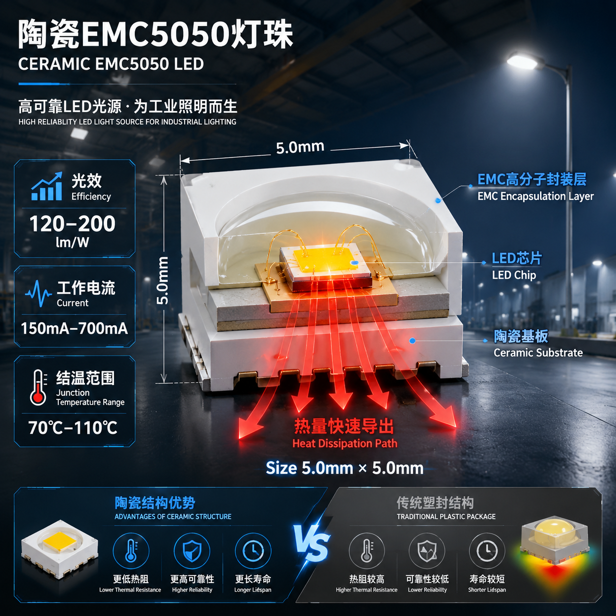 陶瓷EMC5050灯珠内部结构剖面与散热路径示意图