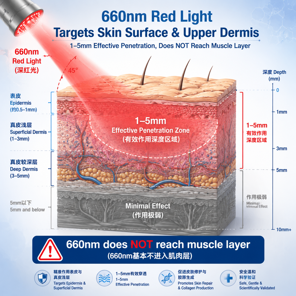660nm红光在皮肤表皮与真皮浅层1–5mm穿透示意图