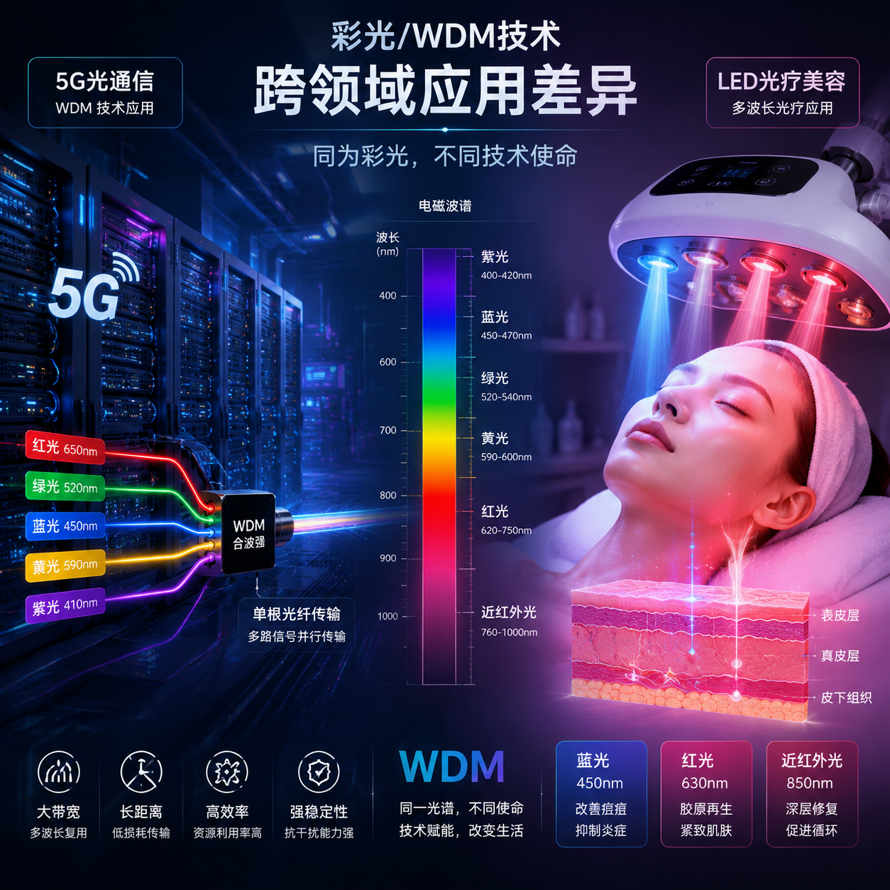 彩光/WDM技术在5G光通信与LED光疗美容领域的跨领域应用差异概念图