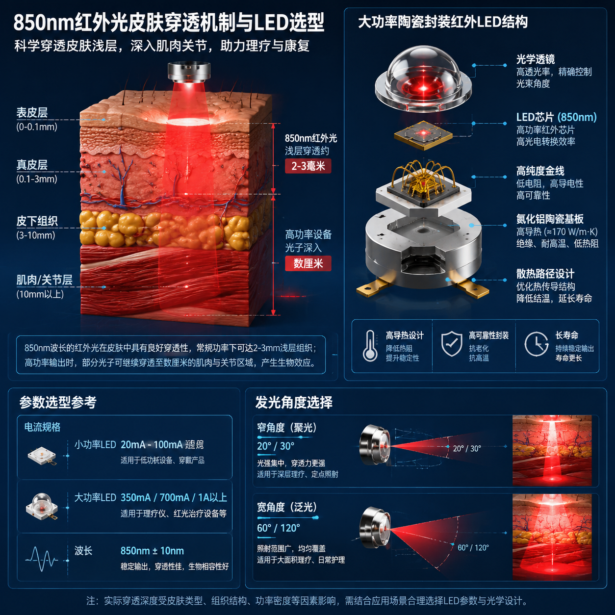 850nm红外光皮肤穿透机制与大功率陶瓷封装LED结构拆解图,展示光在组织中的穿透深度及LED散热设计。