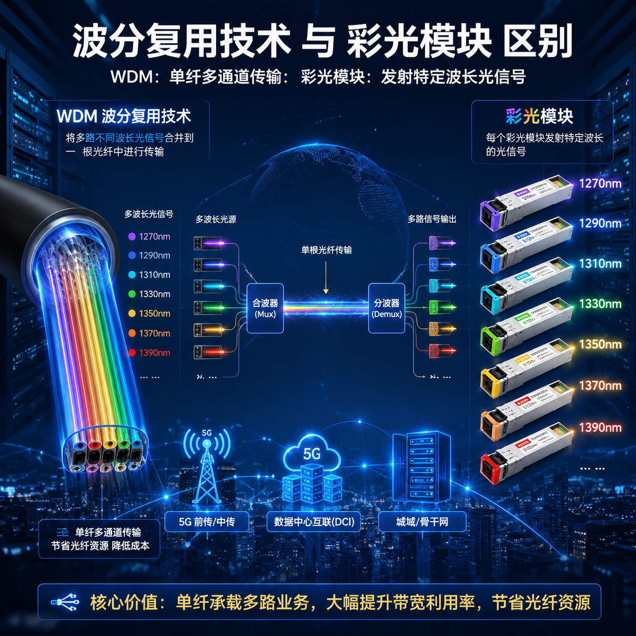 光通信波分复用技术与彩光模块核心概念插图，显示多路彩色光信号在单根光纤中传输。