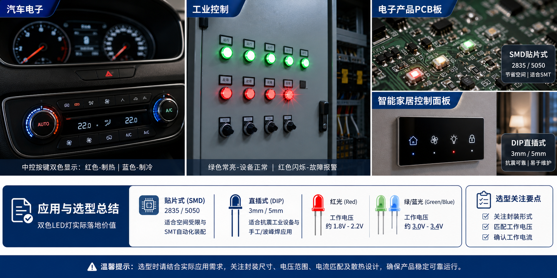 双色LED灯在汽车电子、工业控制及智能家居中的应用场景,并对比展示了SMD与DIP封装的特点及关键选型电压参数。