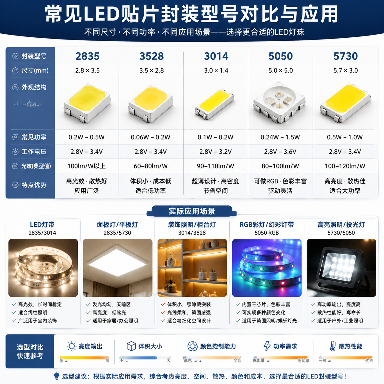 不同LED封装型号的参数对比与实际应用场景，中央放大的SMD灯珠结构示意依次排列2835、3528、3014、5050、5730等尺寸模型，配套参数信息及灯带面板装饰RGB高亮照明设备案例，半实物产品展示加技术图表结合