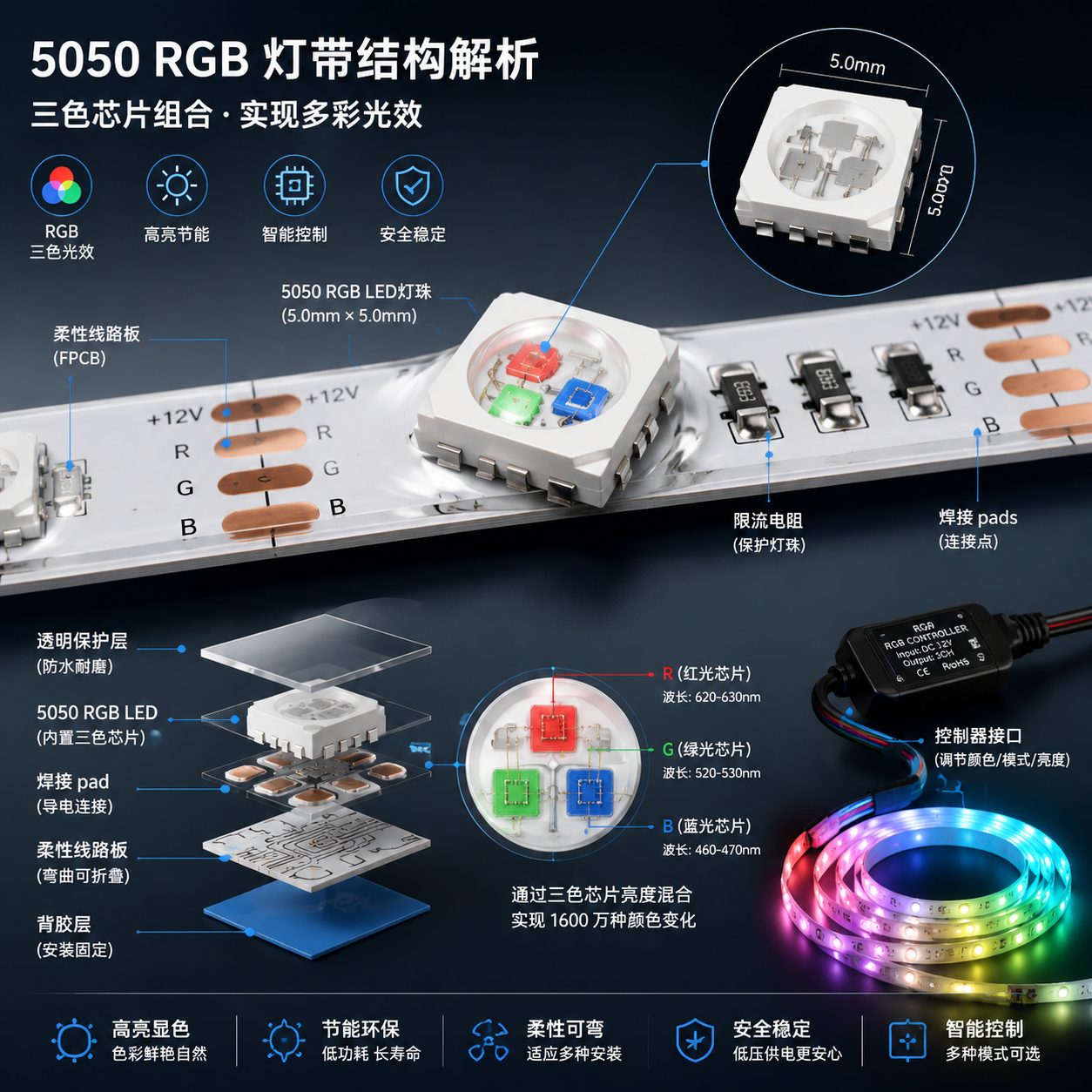 5050RGB灯带结构示意图,展示其组成部分,包括5050 RGB LED灯珠内部三色芯片、柔性线路板、限流元件和保护层。